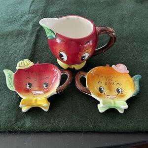 Vintage Anthropomorphic Apple Face Ceramic Creamer & 2 Tea Bag Holders Japan 50s